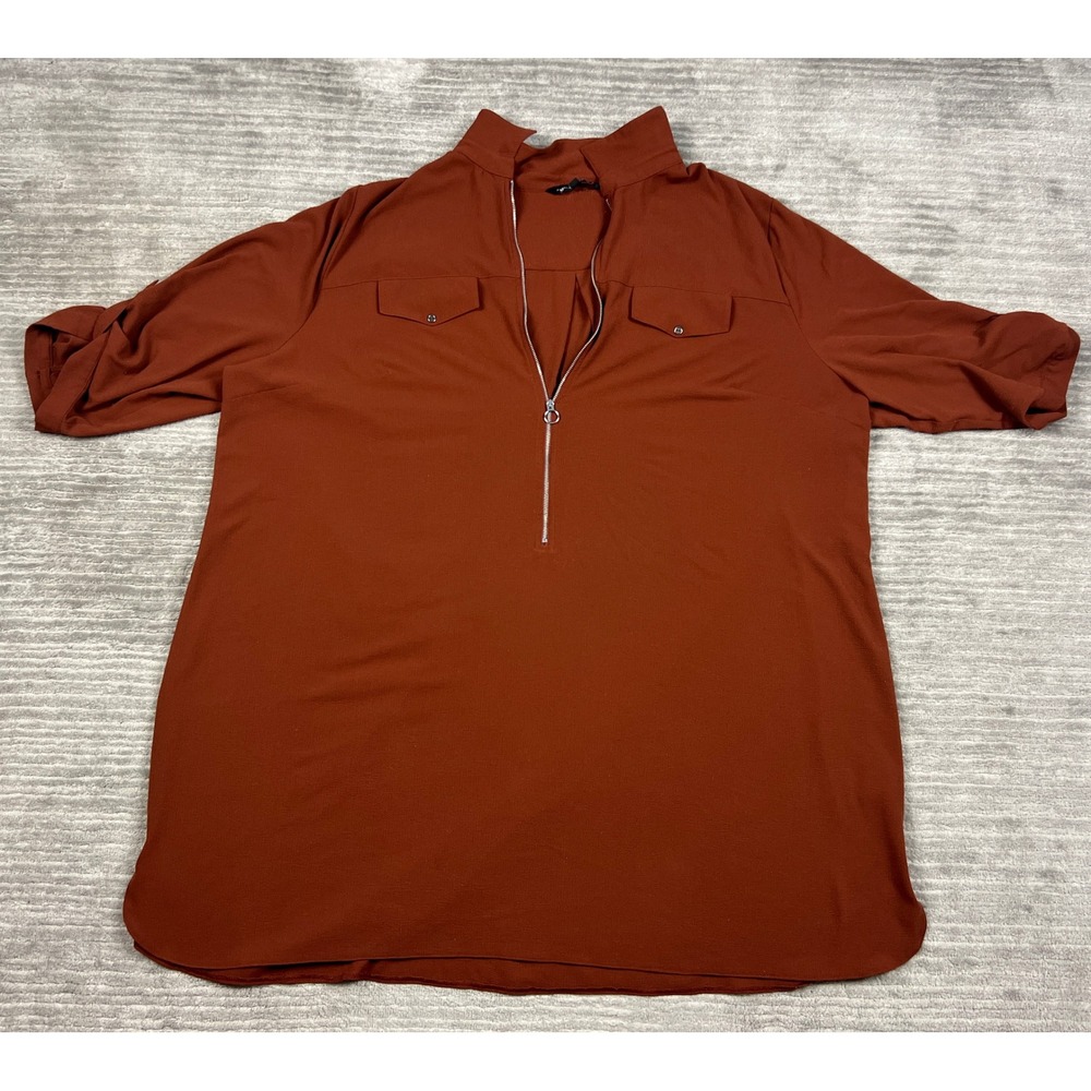 Capsule Top Womens 28 Rust Orange Zip Front Roll Tab Sleeve Tunic Blouse GM103